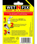 Back of Wet N Fix disc package with instructions for fixing wall plugs fast in weak crumbling masonry without filling or redrilling.