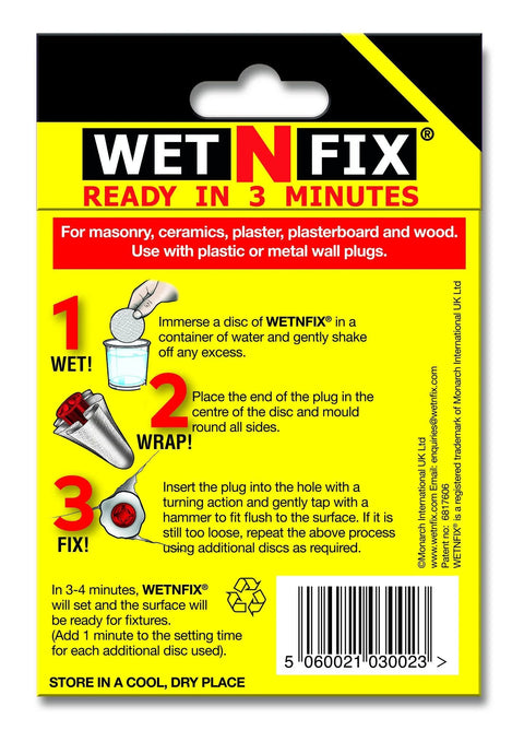 Back of Wet N Fix disc package with instructions for fixing wall plugs fast in weak crumbling masonry without filling or redrilling.