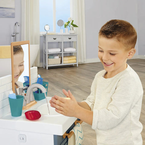 Tot Tested Bathroom Sink Playset With Real Working Water Faucet And Electric Pump Comes Complete With Twelve Kid Approved Accessories For Straight Up Fun Pretend Role Playing Ages Two And Up