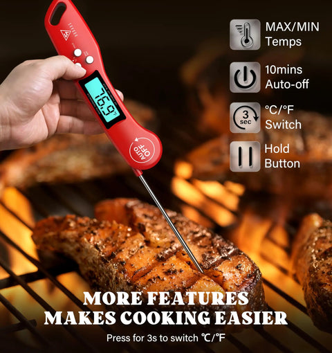 Instant Read Digital Meat Thermometer With Backlit Auto Rotating Display, 4.6 Inch Probe For Grilling, Baking And BBQ on steak
