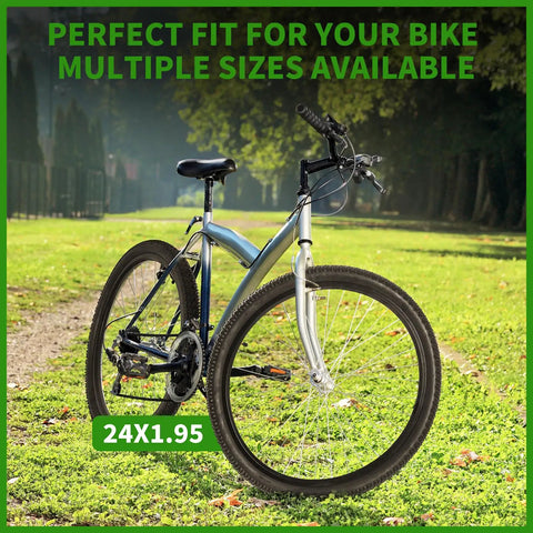 Mountain bike with 2 Pack 24 Inch Foldable Bike Tire Set With Inner Tubes Rim Strips And Tire Levers 8 Piece Kit for Youth MTBs