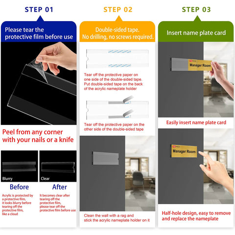 Infographic showing installation steps for 12 Pack 2x8 Inch Clear Acrylic Desk Nameplate Holders, Double Sided Wall Mount Name Tag Displays.