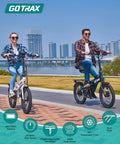 Two people riding foldable 20 inch electric bikes with 48V battery, 20 MPH speed, 350W motor, in a city park setting.