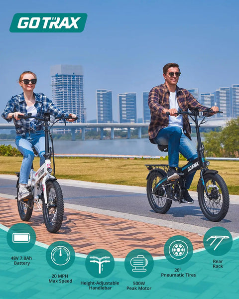 Two people riding foldable 20 inch electric bikes with 48V battery, 20 MPH speed, 350W motor, in a city park setting.