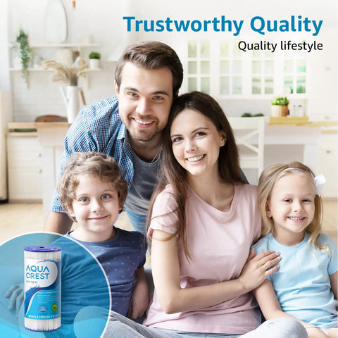 Family in living room with featured Whole House Water Filter Replacement For GE FXHSC GXWH40L GXWH35F American Plumber W50PEHD W10-PR Culligan R50-BBSA 5 Micron 10 By 4.5 Inch High Flow Sediment Filters Pack Of 2