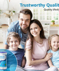 Happy family in living room with a Whole House 5 Micron 10 Inch By 4.5 Inch High Flow Sediment Filter Replacement Pack Of 4 For GE FXHSC GXWH40L