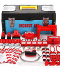 Lockout Tagout Kit For Electrical Safety That Is A Must Have For Job Sites With 68 Piece Set Including Clamp On Circuit Breaker Locks, Padlocks, Hasps, Ball Valve Lockout, Cable Lockout, Plug Lock, Tags And Ties In Sturdy Toolbox displayed.