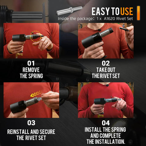 Instructions for using 3/16 Inch Rivet Set For Pneumatic Air Hammer With.401 Shank showing step-by-step installation process