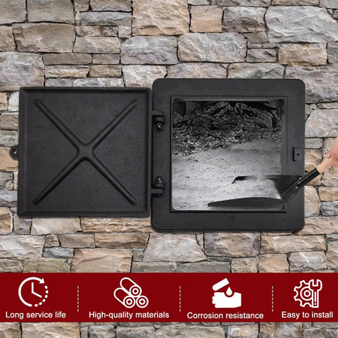 Tough As Nails Cast Iron Fireplace Chimney Cleanout Door 8 By 8 Inch Ash Dump Cover open, showcasing ash compartment and robust design.