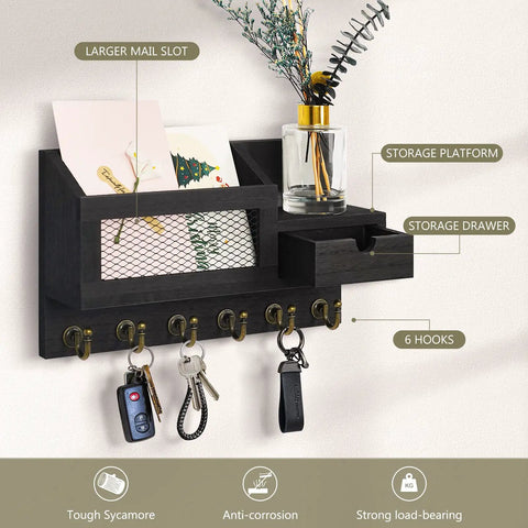 Key And Mail Organizer Wall Mount With Six Hooks And A Small Storage Drawer For Entryway And Home Decor Keeps Your Keys Mails Wallet And More Neat And Ready To Grab And Go Easy No Drill Install shown in dark wood with keys and mail organized.