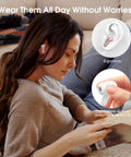 Woman wearing Bluetooth 5.4 Earbuds With ENC Noise Cancelling Mic, Dope HiFi Stereo Sound, IP7 Waterproof In Ear Headphones.