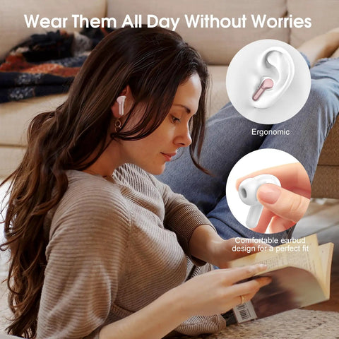 Woman wearing Bluetooth 5.4 Earbuds With ENC Noise Cancelling Mic, Dope HiFi Stereo Sound, IP7 Waterproof In Ear Headphones.