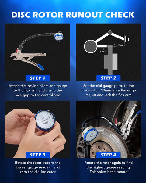 Orion Motor Tech dial gauge tool for disc rotor runout with 7 in locking pliers and 360° flexible stem, blue dial indicator