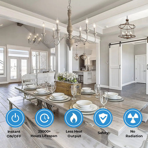 Dining room with Dimmable E12 Candelabra LED Bulbs 60W Incandescent Equivalent 5000K Daylight White Clear Filament Chandelier
