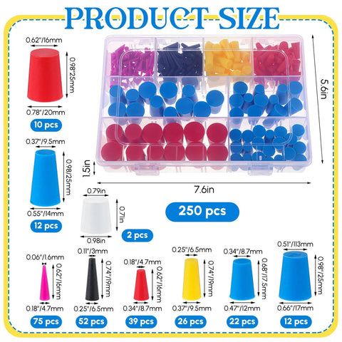 250 Pcs Rubber Silicone Tapered Plugs Kit With 9 Sizes And 8 Styles, Storage Box Included, DIY Ready Pro Grade For Coating