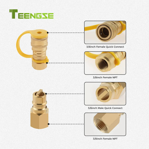 Three Eighths Inch Natural Gas Quick Connect Fittings Kit For Propane Grills And Patio Heaters, LP Gas Hose Quick Disconnect Set