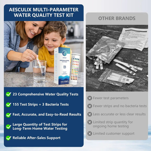 23 In 1 Water Testing Kit With 158 Strips for home use, comparison with other brands, box and test strips displayed