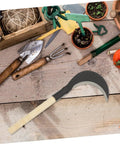 Long Handle Manganese Steel Scythe For Gardening And Weeding, Dope Grip Outdoor Farm Tool with other gardening tools on table