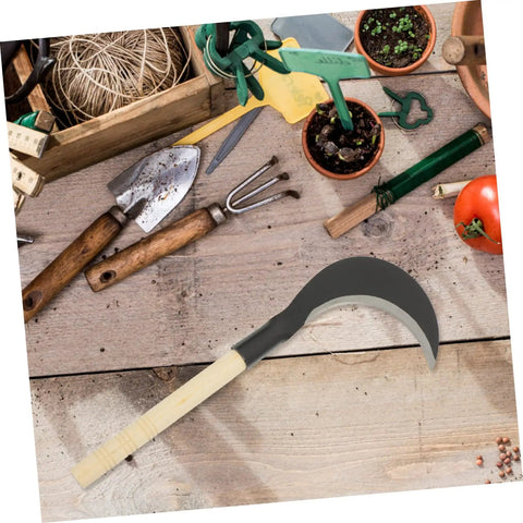 Long Handle Manganese Steel Scythe For Gardening And Weeding, Dope Grip Outdoor Farm Tool with other gardening tools on table