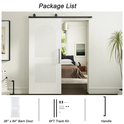 Silky Smooth Two Panel Sliding Barn Door With Reeded Arched White Primed Finish For Modern Farmhouse Room Divider, 36" x 84".