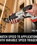 Compact 20V Max Cordless Reciprocating Saw With Variable Speed And Quick Release Blades Slick Control And 3000 SPM Drivetrain cutting through wood.