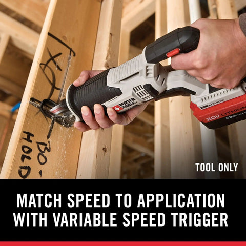Compact 20V Max Cordless Reciprocating Saw With Variable Speed And Quick Release Blades Slick Control And 3000 SPM Drivetrain cutting through wood.