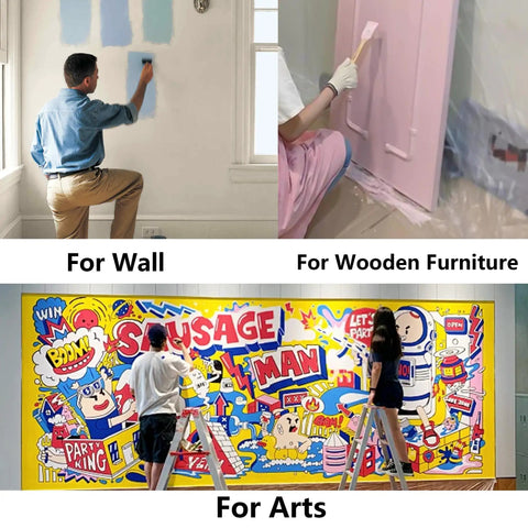 Person using 6 Inch Wide Soft Bristle Paint Brush for Walls, Furniture, and Arts, illustrating versatile applications.