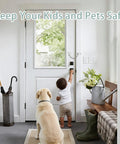 Heart Shaped Door Chain Lock With Press To Unlock Adjustable 3mm Chain Kid Proof Security For Home Apartment Bedroom And Travel Stainless Steel Brushed Nickel Finish installed on white door with child and dog nearby.