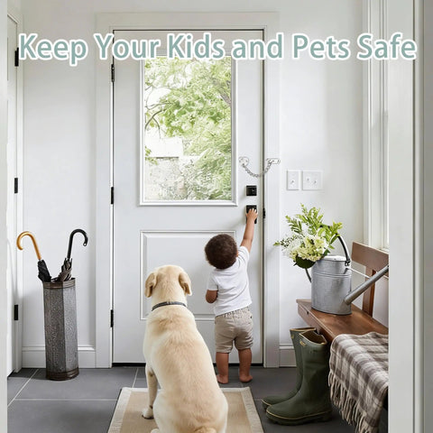 Heart Shaped Door Chain Lock With Press To Unlock Adjustable 3mm Chain Kid Proof Security For Home Apartment Bedroom And Travel Stainless Steel Brushed Nickel Finish installed on white door with child and dog nearby.