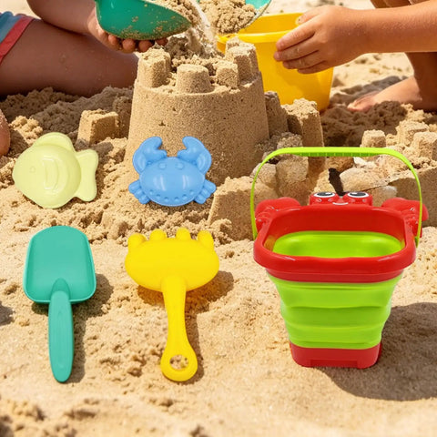 Foldable Bucket And Shovel Tools Kit For Kids Sand Toys With Animal Design Five Piece Travel Beach Set For Backyard Park Picnic Camping Outdoor Fun And Daycare Birthday Party on beach