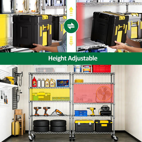No Sweat Five Tier Rolling Storage Shelving Unit With Hella Sturdy Chrome Steel Wire Racks And Locking Caster Wheels For Heavy Duty Garage Kitchen Pantry And Basement Organization Plus 1750 Lbs Load Capacity