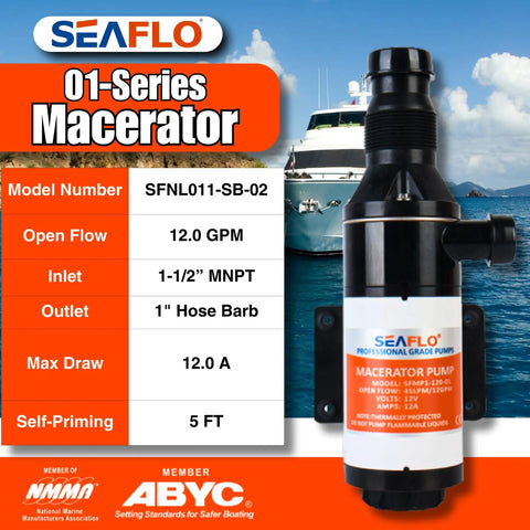 01 Series Macerator Pump 12V DC 12 GPM 45 LPM Open Flow Self Priming Anti Clog Marine Pump image with specs and boat background