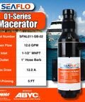 Image of 12V Macerator Pump For Boats, RVs, And Yachts - 12 GPM Open Flow in front of a yacht with product features listed.