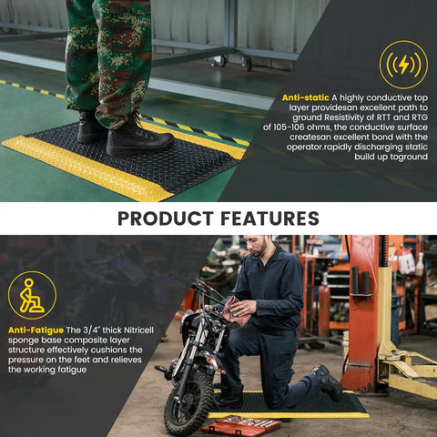 ESD Anti Fatigue Conductive Floor Mat Three By Twelve Foot Heavy Duty Diamond Plate With Soft Cushioned Sponge Non Slip Waterproof Ergonomic Floor Pad Thick Three Quarters Inch Black With Yellow Safety Border For Commercial And Industrial Use in use, worker standing and kneeling.