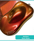 Pro Grade Colorshift Paint Basecoat Midcoat Gallon Ready To Spray For Custom Automotive Rides And Street Rod Builds With Medium Reducer For A Slick Shine shown in metallic orange and gold finish on a curved sample.