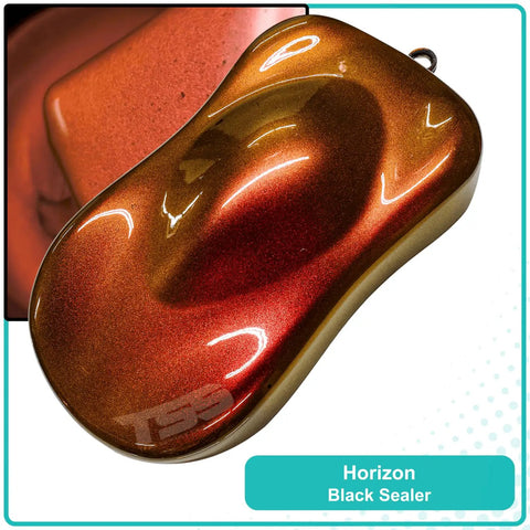 Premium Colorshift Basecoat Paint Gallon Medium Effect Ready To Spray Formula With Slow Reducer For Auto Body And Hot Rods Building A Dope Fresh Custom Finish On Any Ride, showing a swatch of Horizon Black Sealer with a glossy finish.