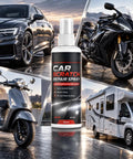Two Pack Universal Car Scratch Repair Spray Neutralizes Gnarly Surface Scuffs Fast With A Protective Blend That Keeps Your Paint Pristine So Your Ride Stays Crisp Without Color Mixing Hassles with car, scooter, motorcycle, and RV in background.