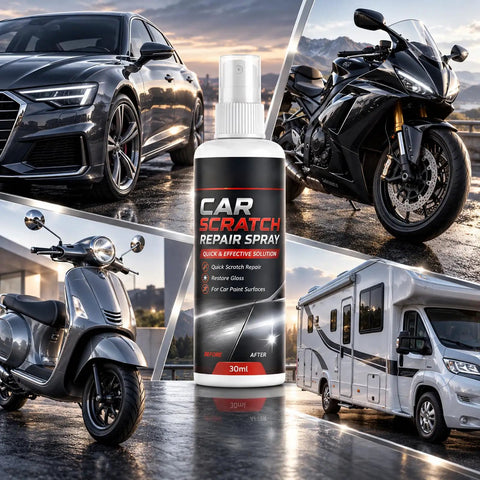 Two Pack Universal Car Scratch Repair Spray Neutralizes Gnarly Surface Scuffs Fast With A Protective Blend That Keeps Your Paint Pristine So Your Ride Stays Crisp Without Color Mixing Hassles with car, scooter, motorcycle, and RV in background.