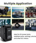 Image showing multiple applications of the 12V Reverse Polarity DPDT Rocker Switch With Pre-Wired Harness For RV And Trailer Jacks, Momentary On Off On, Four Pin High Current 20A DC Power Jack, Beefy Build For Electric Motor Control And Towing Setup, including RVs, cars, and mechanical systems.