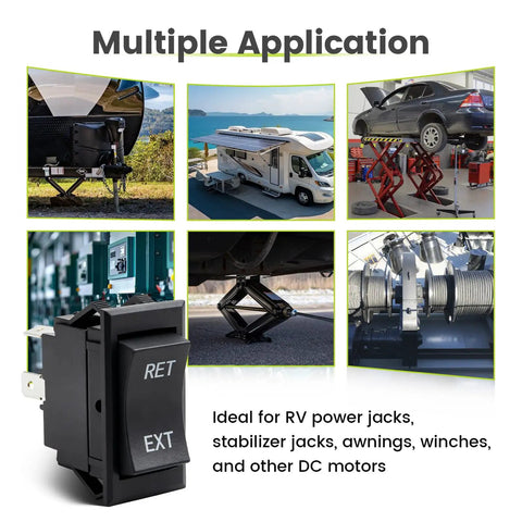 Image showing multiple applications of the 12V Reverse Polarity DPDT Rocker Switch With Pre-Wired Harness For RV And Trailer Jacks, Momentary On Off On, Four Pin High Current 20A DC Power Jack, Beefy Build For Electric Motor Control And Towing Setup, including RVs, cars, and mechanical systems.