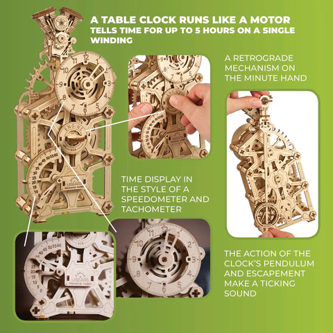 Engine Clock 3D Puzzle Kit With Moving Pistons, Auto Theme Mechanical Clock, DIY Steam Engine Gear, Speedometer Style Time Display, 11.8 Inch Tall, Brain Teaser Clock Kit For Do It Yourself Enthusiasts, wooden clock kit front view