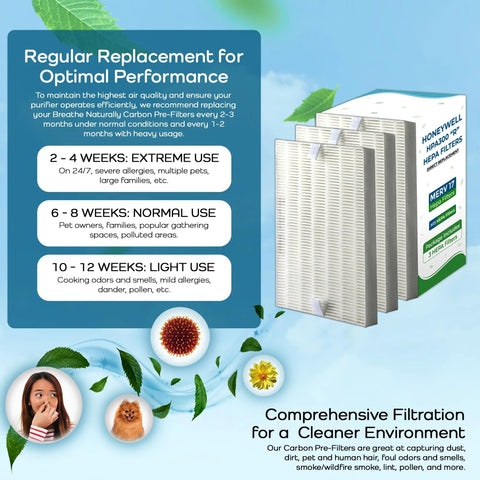 Replacement Air Filters For Honeywell HPA300 HPA200 HPA100 Series True HEPA Filter Set with recommendations for filter replacement frequency.