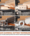 8-1/4 Inch Convertible Miter And Table Saw cutting wood, metal, and plastic with TCT blade, multi-material cutting technology visible.