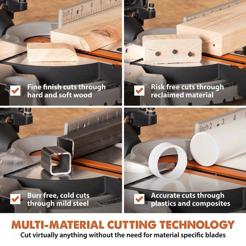 8-1/4 Inch Convertible Miter And Table Saw cutting wood, metal, and plastic with TCT blade, multi-material cutting technology visible.