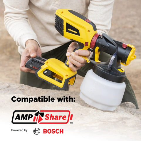 18V Cordless Paint And Stain Sprayer Delivering Slick HVLP Coatings No Wire Headaches with Bosch battery for compatibility.