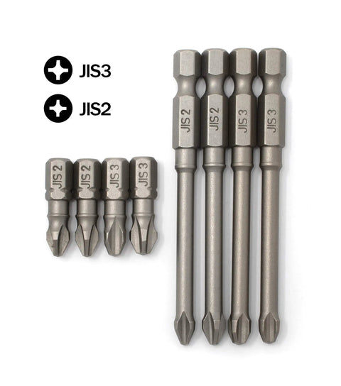 Pro Grade JIS Screwdriver Impact Bit Set Eight Piece With No 2 And No 3 Short And Long Bits For Quarter Inch Drive S2 Hardened