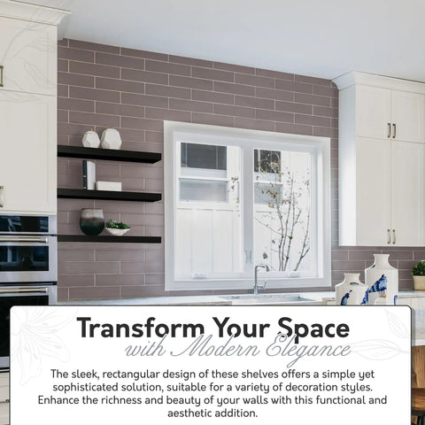 Espresso floating wall shelf with hidden brackets in kitchen, three shelves near window, sturdy MDF wood, 10.2x23.6x2 inches.