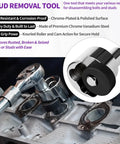 Front view of stud remover and bolt extractor tool with knurled roller and cam lock, chrome-plated steel