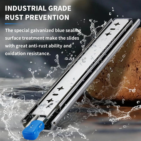 Beefed Up Heavy Duty Locking Drawer Slides With Full Extension And Ball Bearing Rails For Smooth Quiet Side Mount Operation In A 12 To 40 Inch Range, 175 Lb Per Pair, Durable Drawer Glides in a rust-resistant galvanized finish