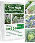 Ultra Fine Garden Netting 10 By 50 Feet For Raised Beds And All Veggies Mosquito And Pest Barrier Mesh Protects Blueberries Fruits Flowers Shrubs And Crops From Birds And Insects in packaging with images of covered plants and blueberries
